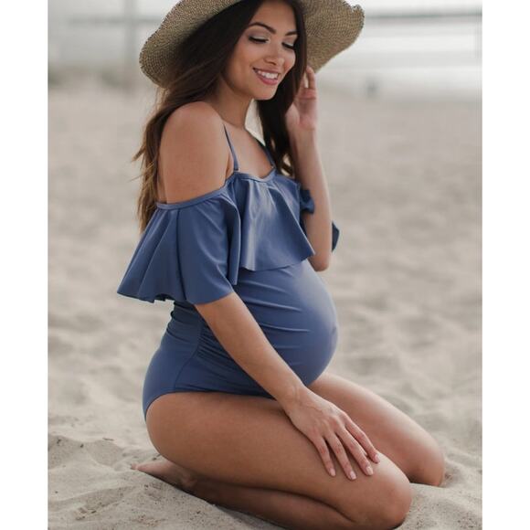 Pink Blush Womens One Piece Swimsuit 1X Blue Ruffle Trim Ruched Maternity - Picture 2 of 13